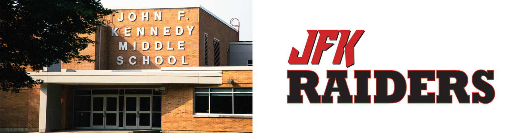 Gambar bangunan Sekolah JFK dan Logo JFK Raiders